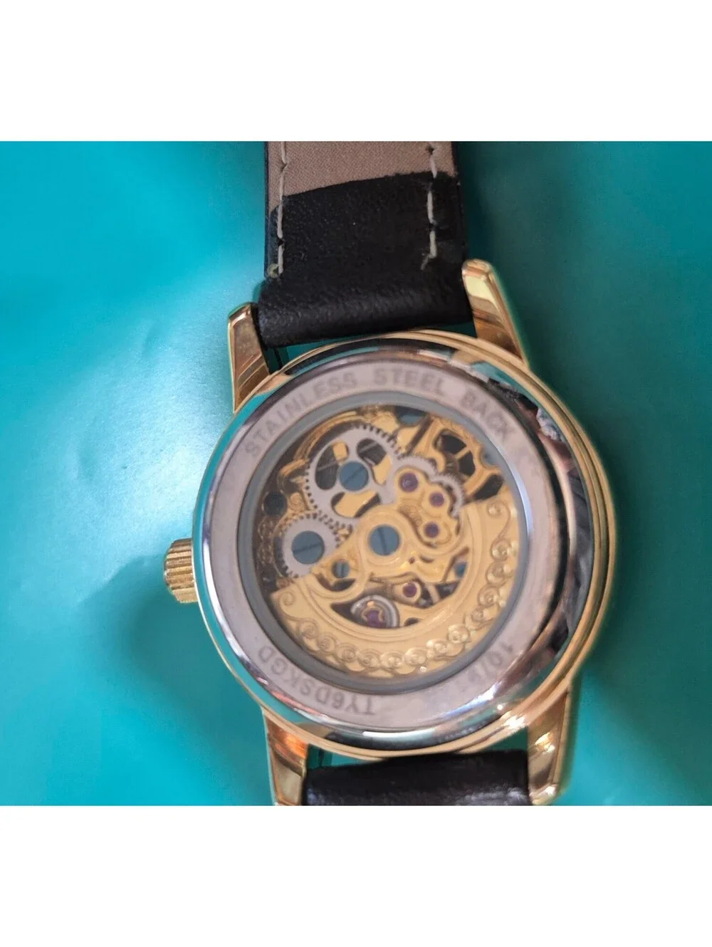 Anne Klein Gold Skeleton Automatic Watch Crystal Bezel Leather Strap